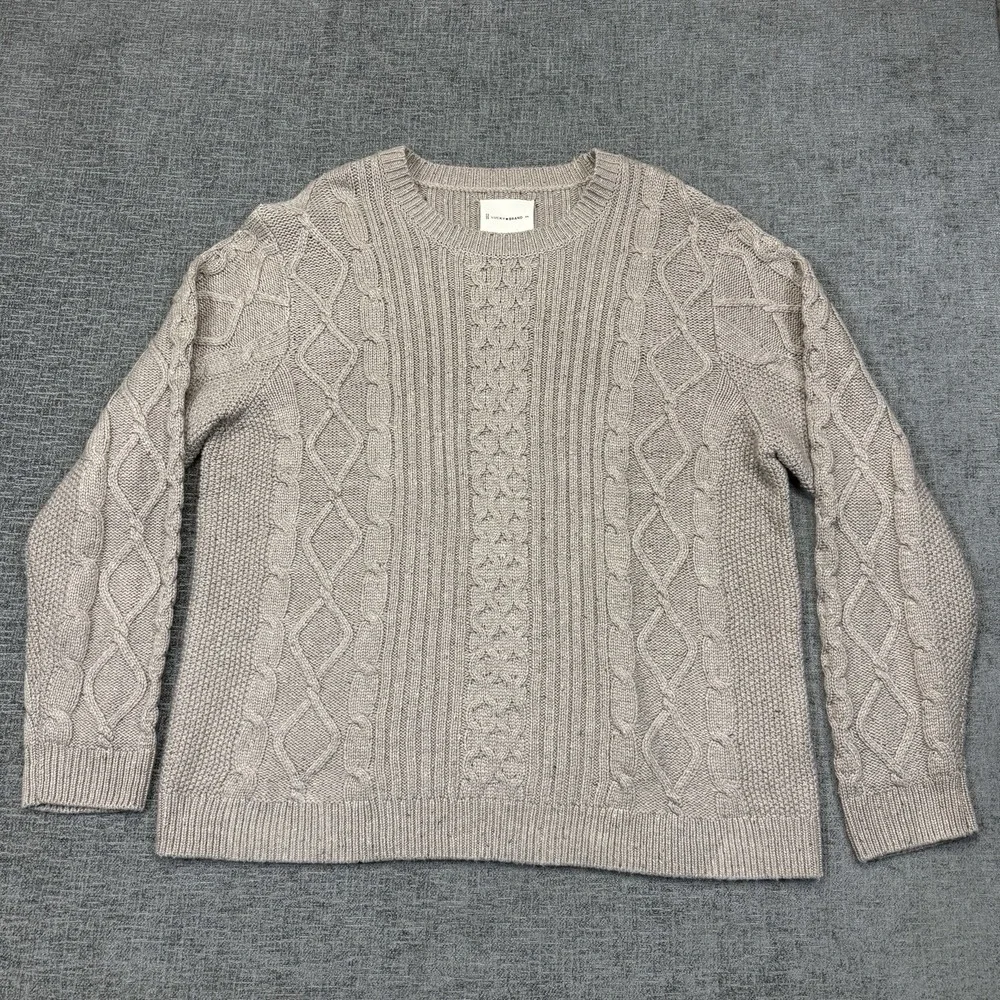 Lucky Brand Wool Blend Sweater Mens XXL Cable Knit Crewneck Fisherman Tan‎